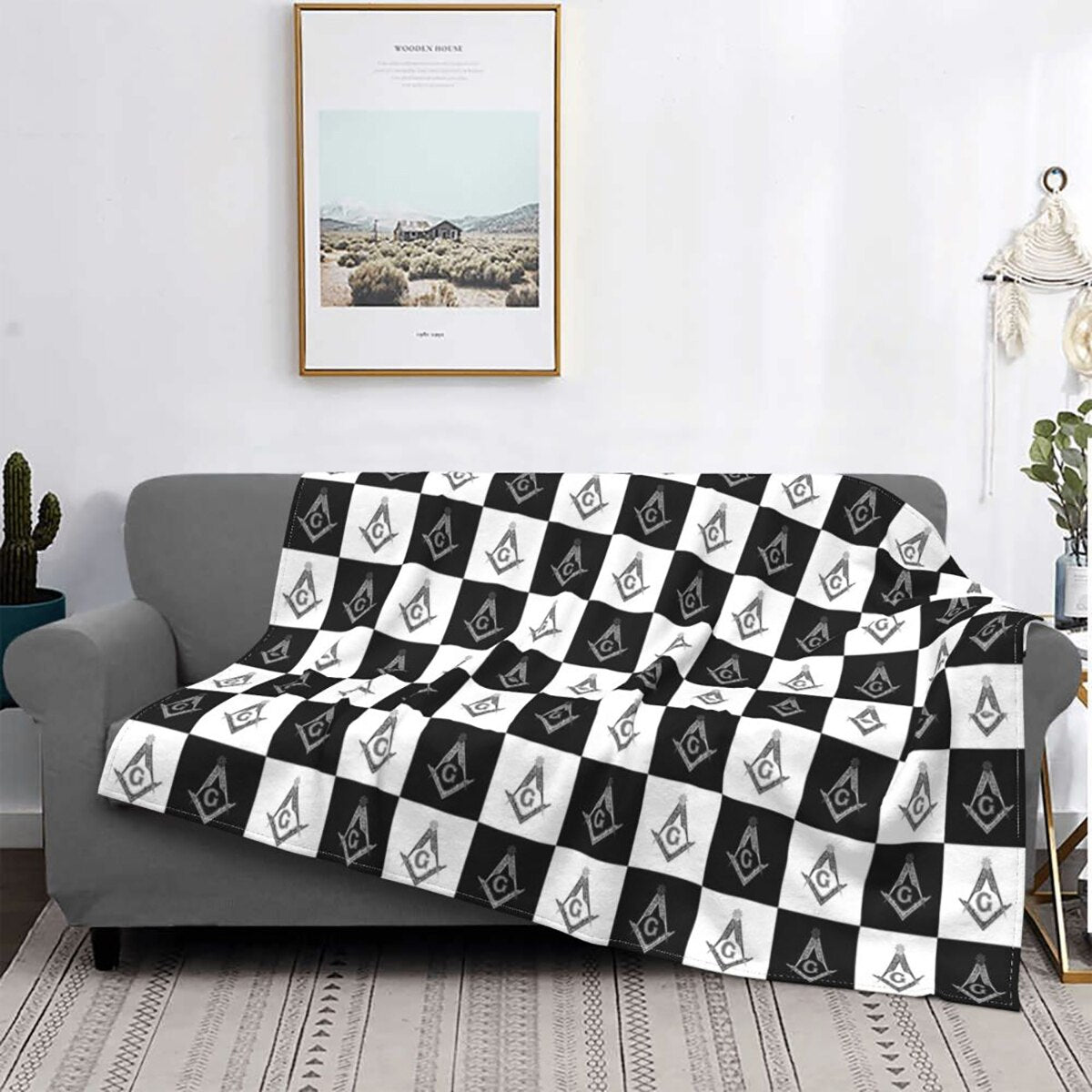 Master Mason Blue Lodge Blanket - Checkered Square and Compass G Coral Fleece - Bricks Masons