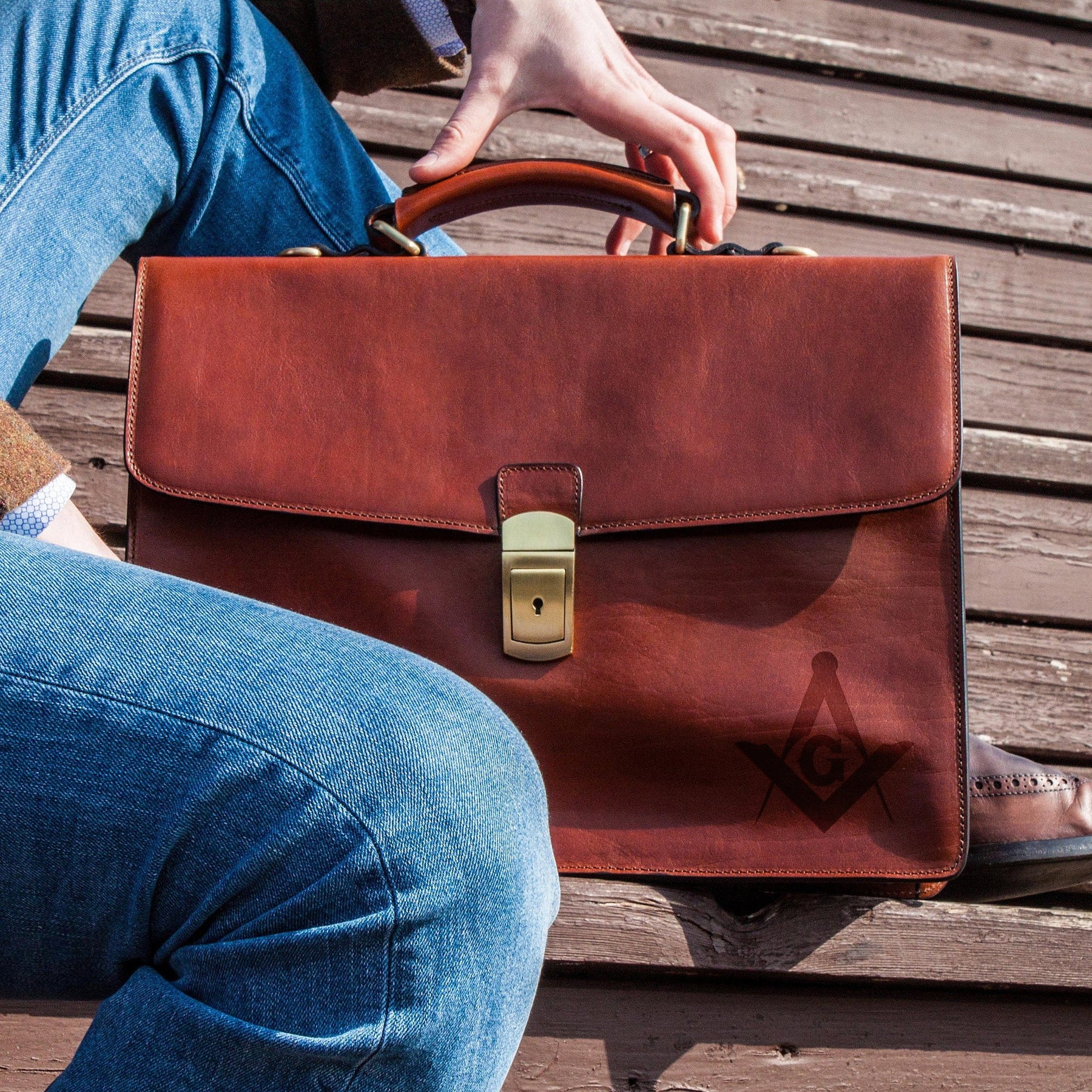 Master Mason Blue Lodge Briefcase - Brown Leather - Bricks Masons
